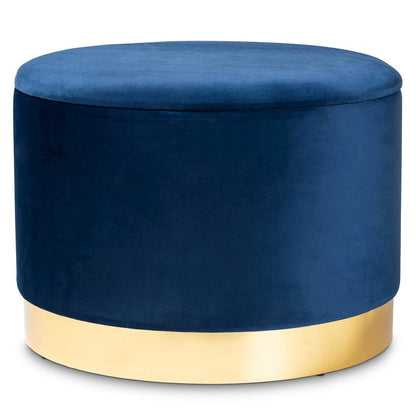 Luxe Navy Blue Velvet Fabric Upholstered Gold Finished Storage Ottoman