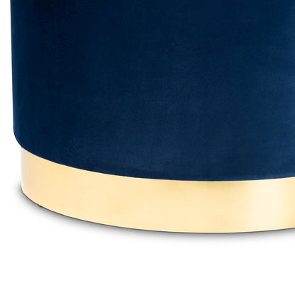 Luxe Navy Blue Velvet Fabric Upholstered Gold Finished Storage Ottoman