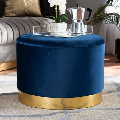 Luxe Navy Blue Velvet Fabric Upholstered Gold Finished Storage Ottoman