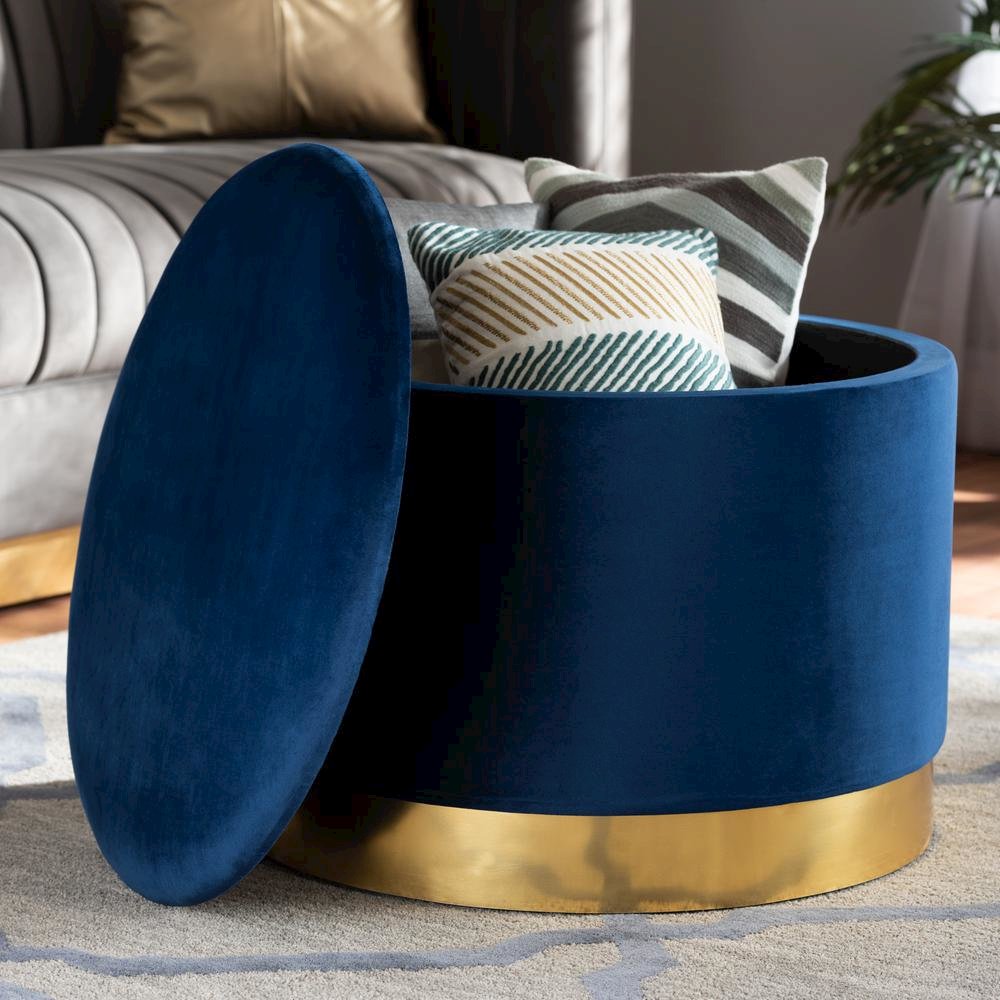 Luxe Navy Blue Velvet Fabric Upholstered Gold Finished Storage Ottoman
