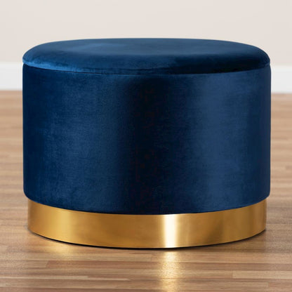 Luxe Navy Blue Velvet Fabric Upholstered Gold Finished Storage Ottoman