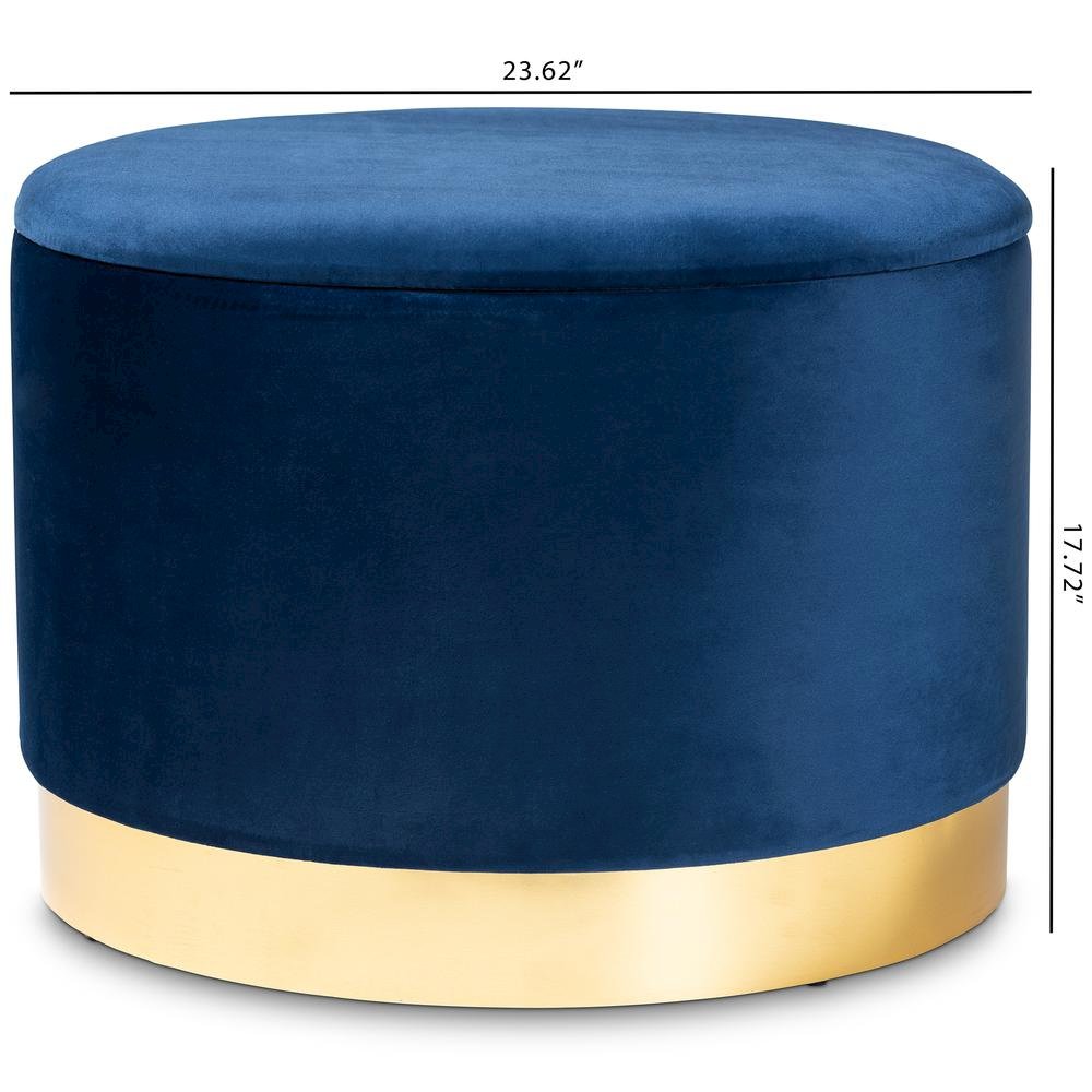 Luxe Navy Blue Velvet Fabric Upholstered Gold Finished Storage Ottoman