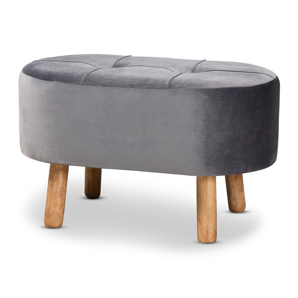 Simone Mid-Century Modern Grey Velvet Fabric Upholstered Wood Ottoman