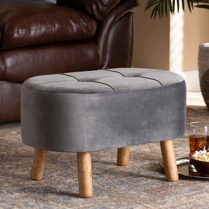 Simone Mid-Century Modern Grey Velvet Fabric Upholstered Wood Ottoman