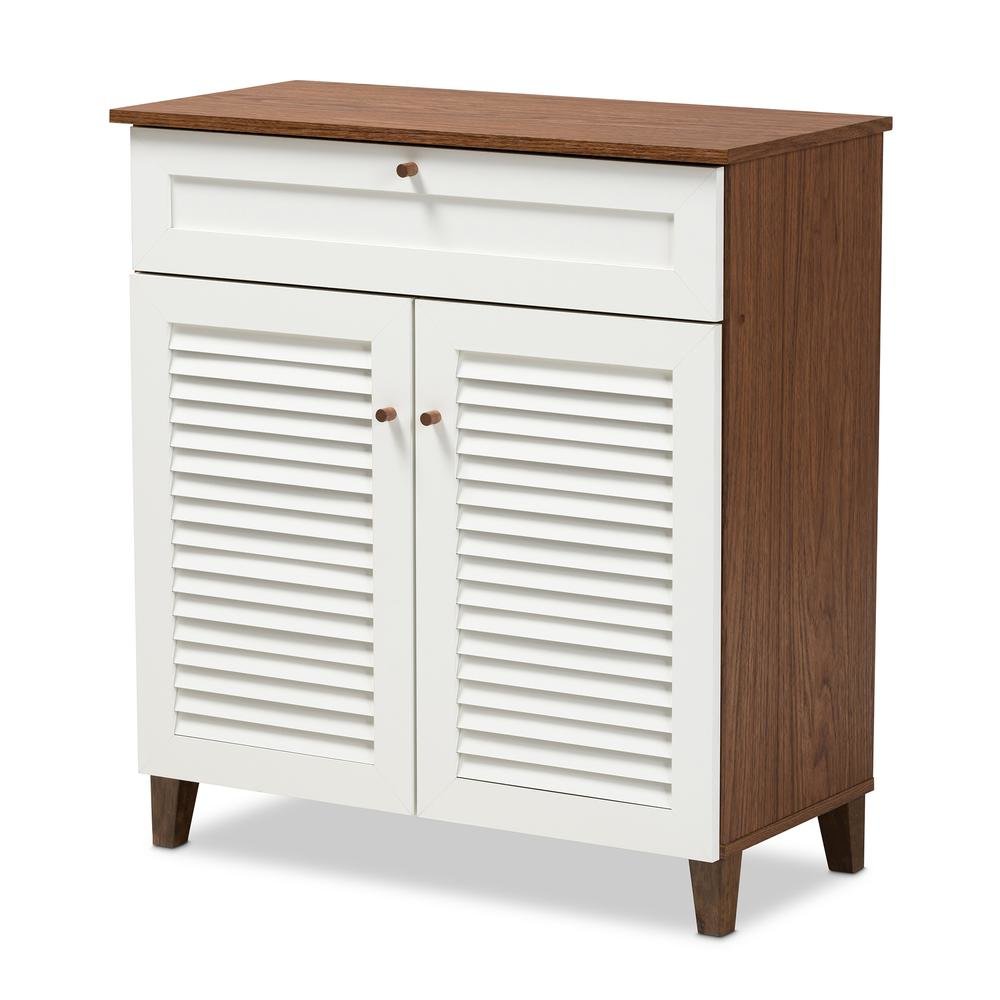White and Walnut Finished 4-Shelf Wood Shoe Storage Cabinet with Drawer