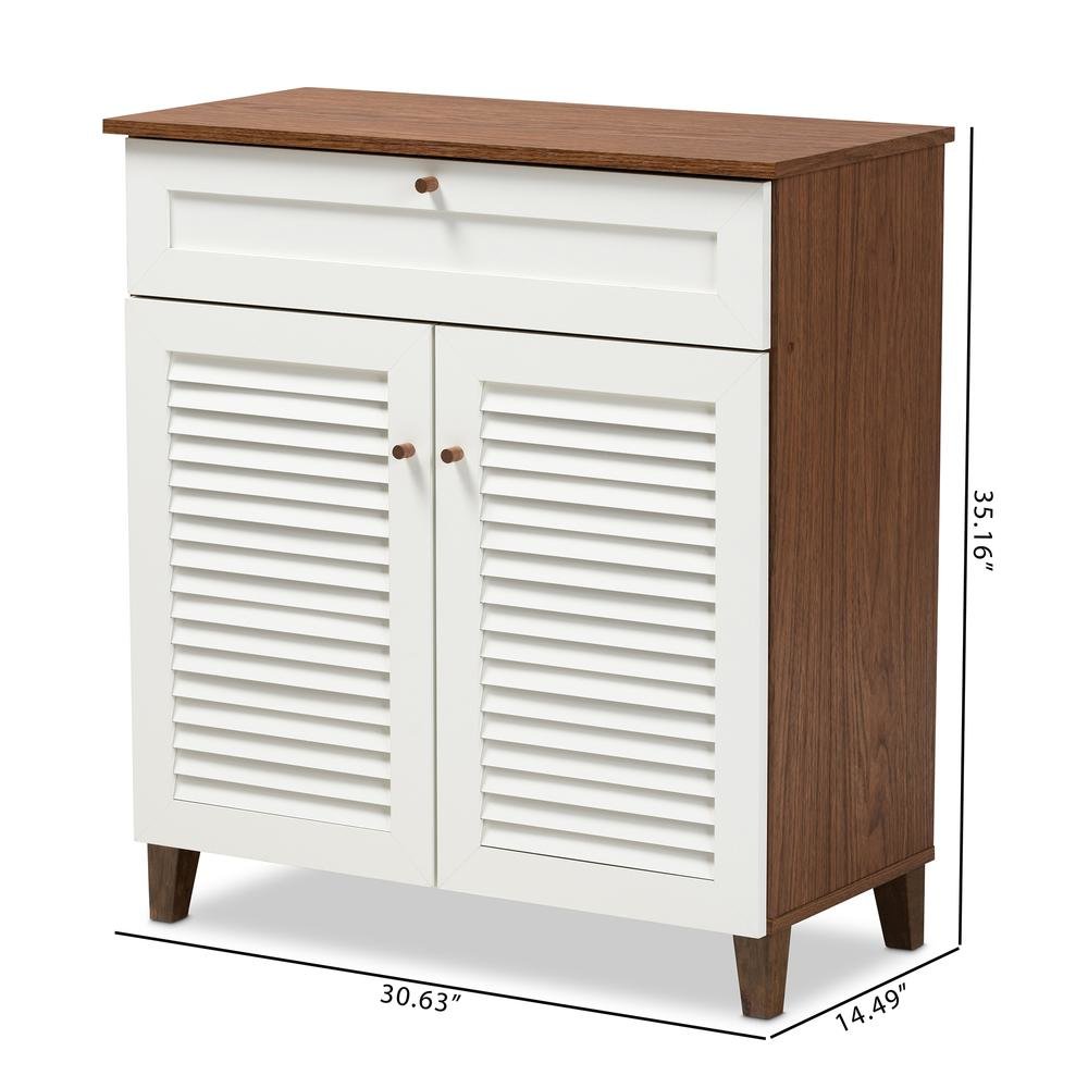 White and Walnut Finished 4-Shelf Wood Shoe Storage Cabinet with Drawer