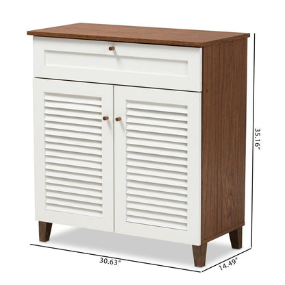 White and Walnut Finished 4-Shelf Wood Shoe Storage Cabinet with Drawer