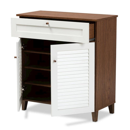 White and Walnut Finished 4-Shelf Wood Shoe Storage Cabinet with Drawer