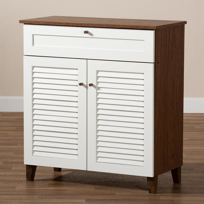 White and Walnut Finished 4-Shelf Wood Shoe Storage Cabinet with Drawer