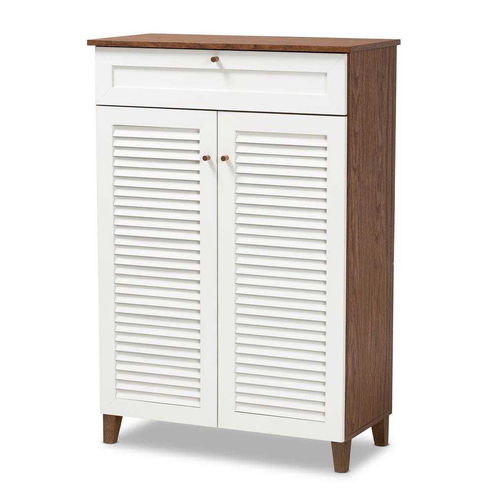White and Walnut Finished 5-Shelf Wood Shoe Storage Cabinet with Drawer