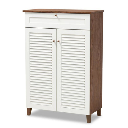 White and Walnut Finished 5-Shelf Wood Shoe Storage Cabinet with Drawer