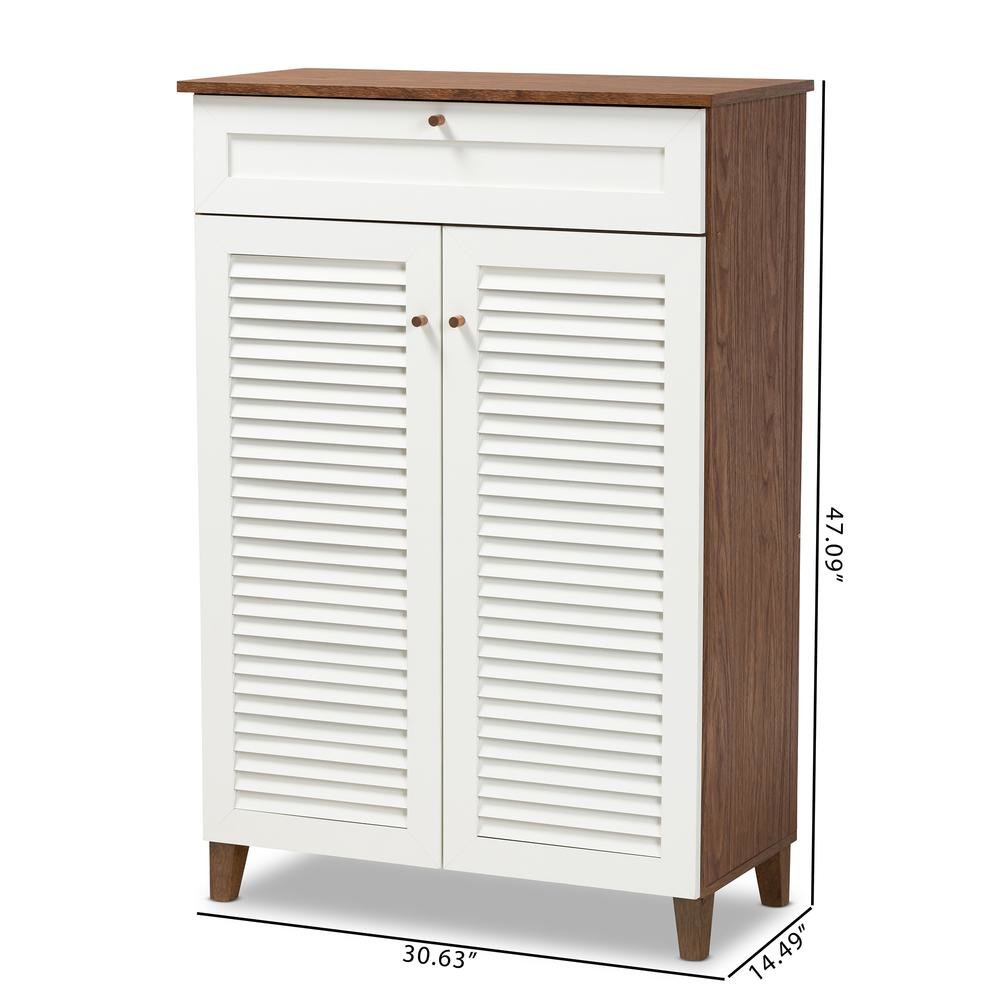 White and Walnut Finished 5-Shelf Wood Shoe Storage Cabinet with Drawer
