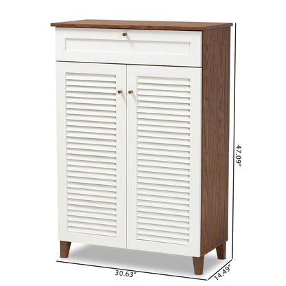 White and Walnut Finished 5-Shelf Wood Shoe Storage Cabinet with Drawer