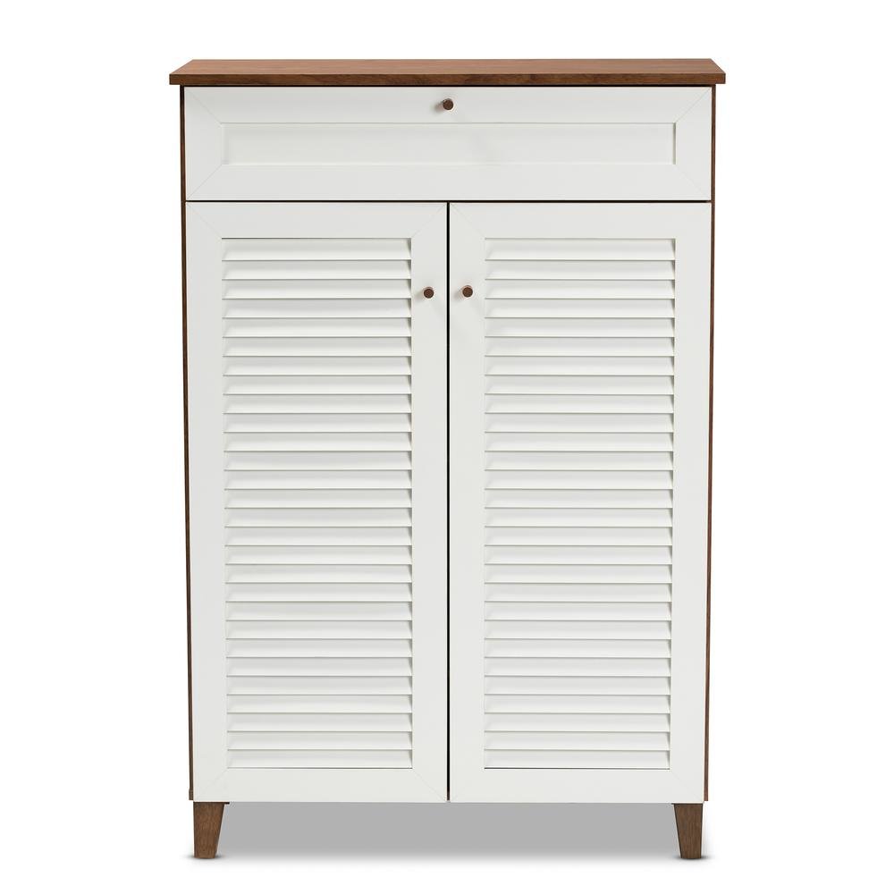 White and Walnut Finished 5-Shelf Wood Shoe Storage Cabinet with Drawer
