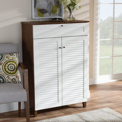 White and Walnut Finished 5-Shelf Wood Shoe Storage Cabinet with Drawer