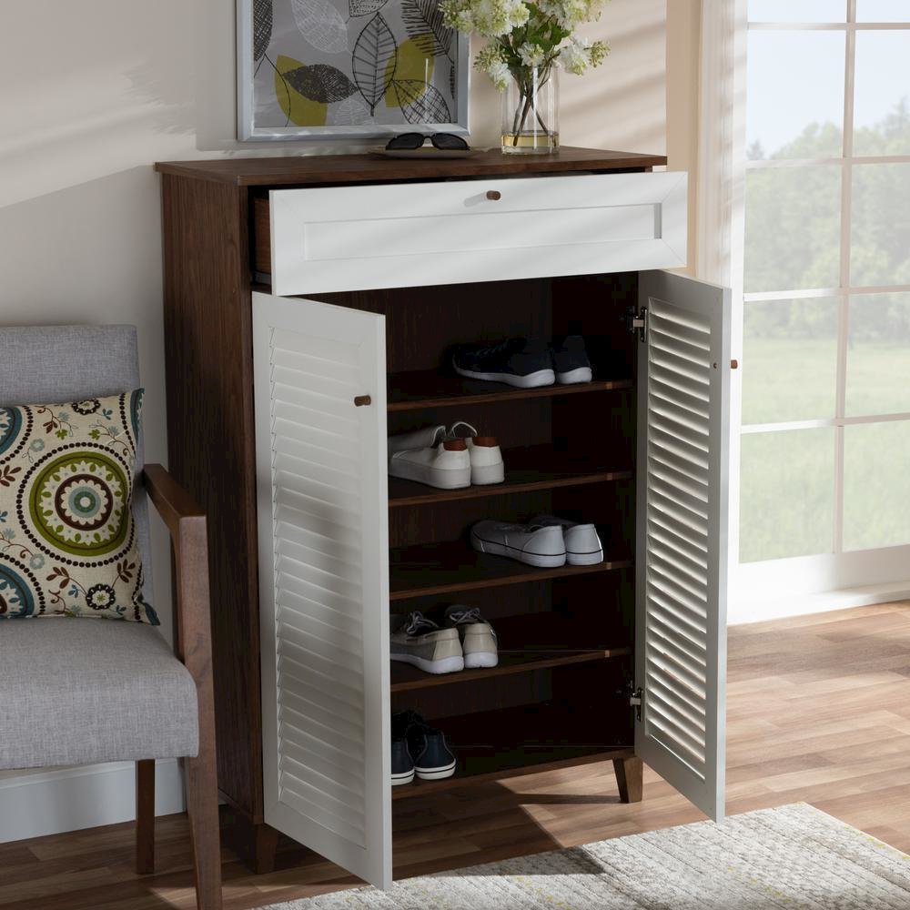 White and Walnut Finished 5-Shelf Wood Shoe Storage Cabinet with Drawer