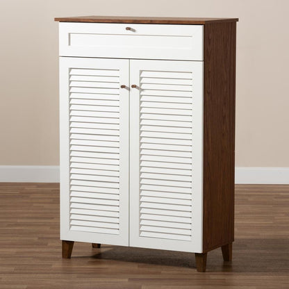 White and Walnut Finished 5-Shelf Wood Shoe Storage Cabinet with Drawer