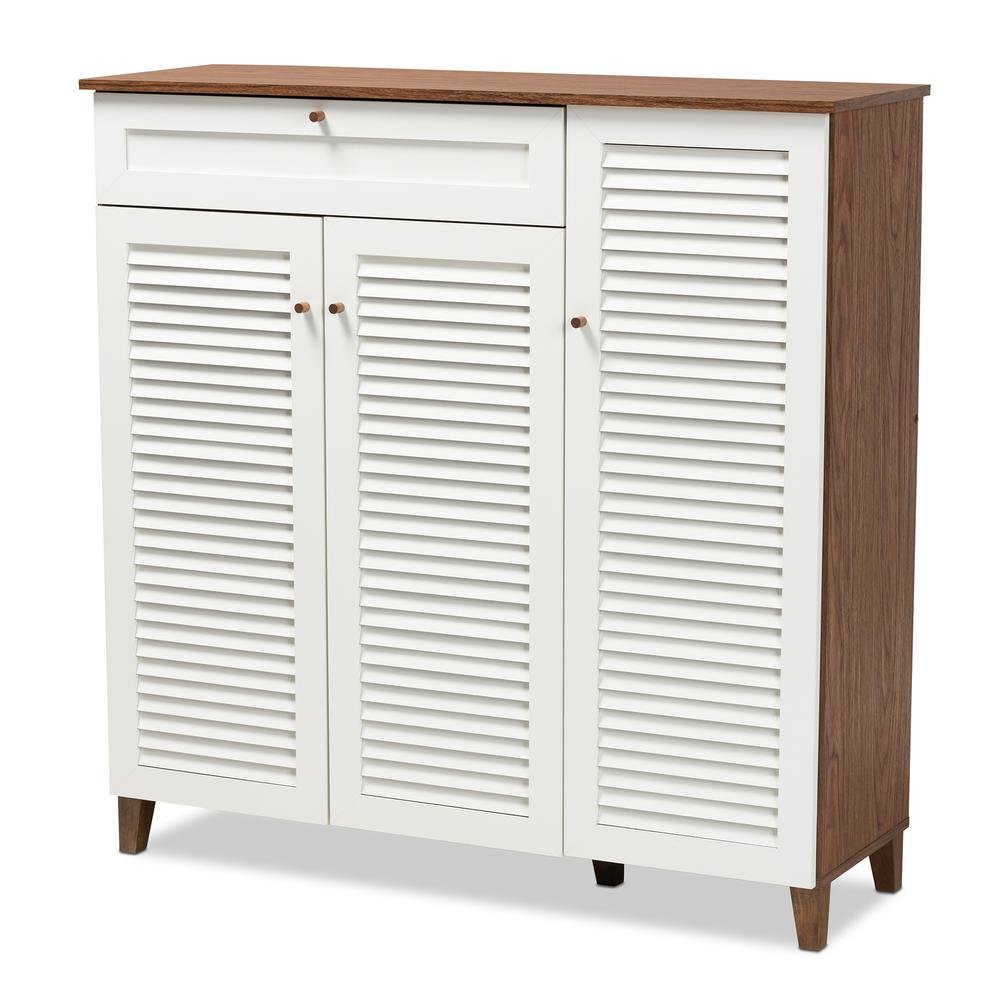 Walnut Finished 11-Shelf Wood Shoe Storage Cabinet with Drawer