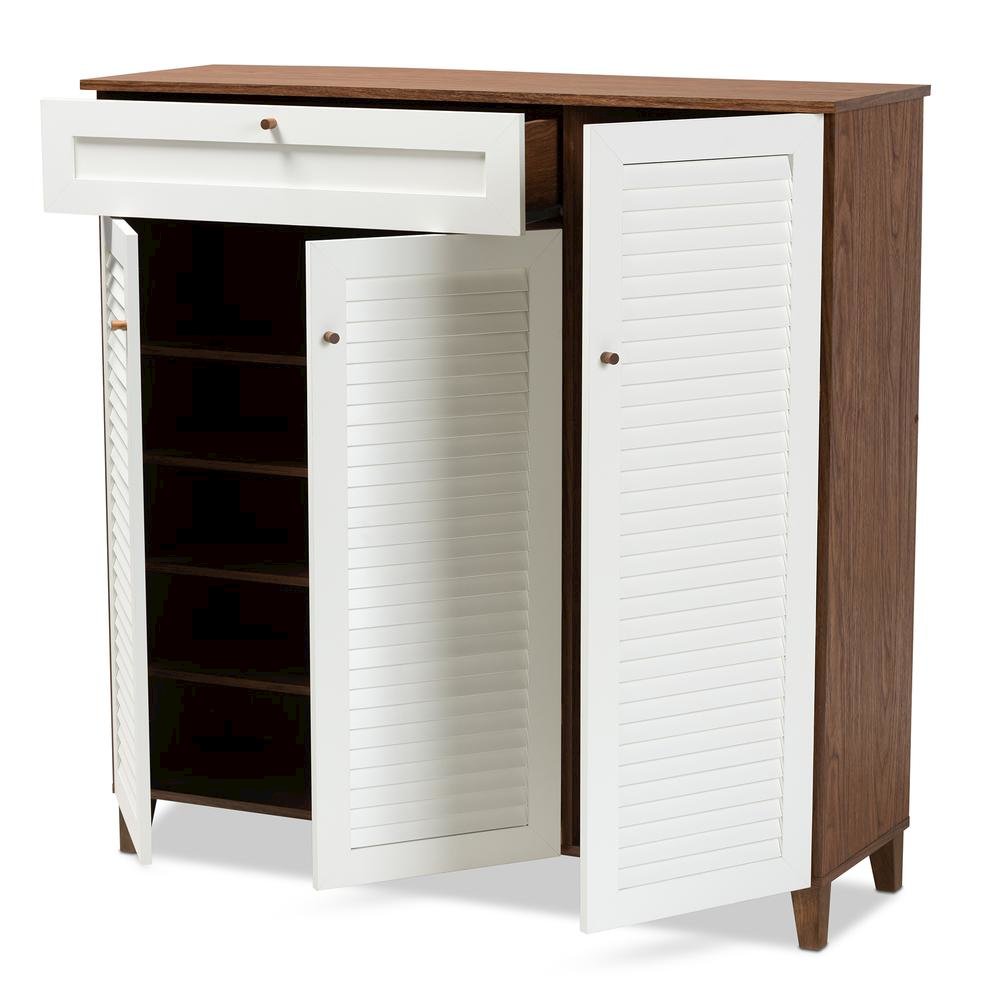 Walnut Finished 11-Shelf Wood Shoe Storage Cabinet with Drawer