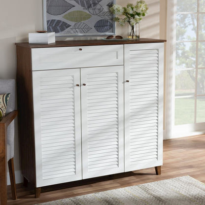 Walnut Finished 11-Shelf Wood Shoe Storage Cabinet with Drawer