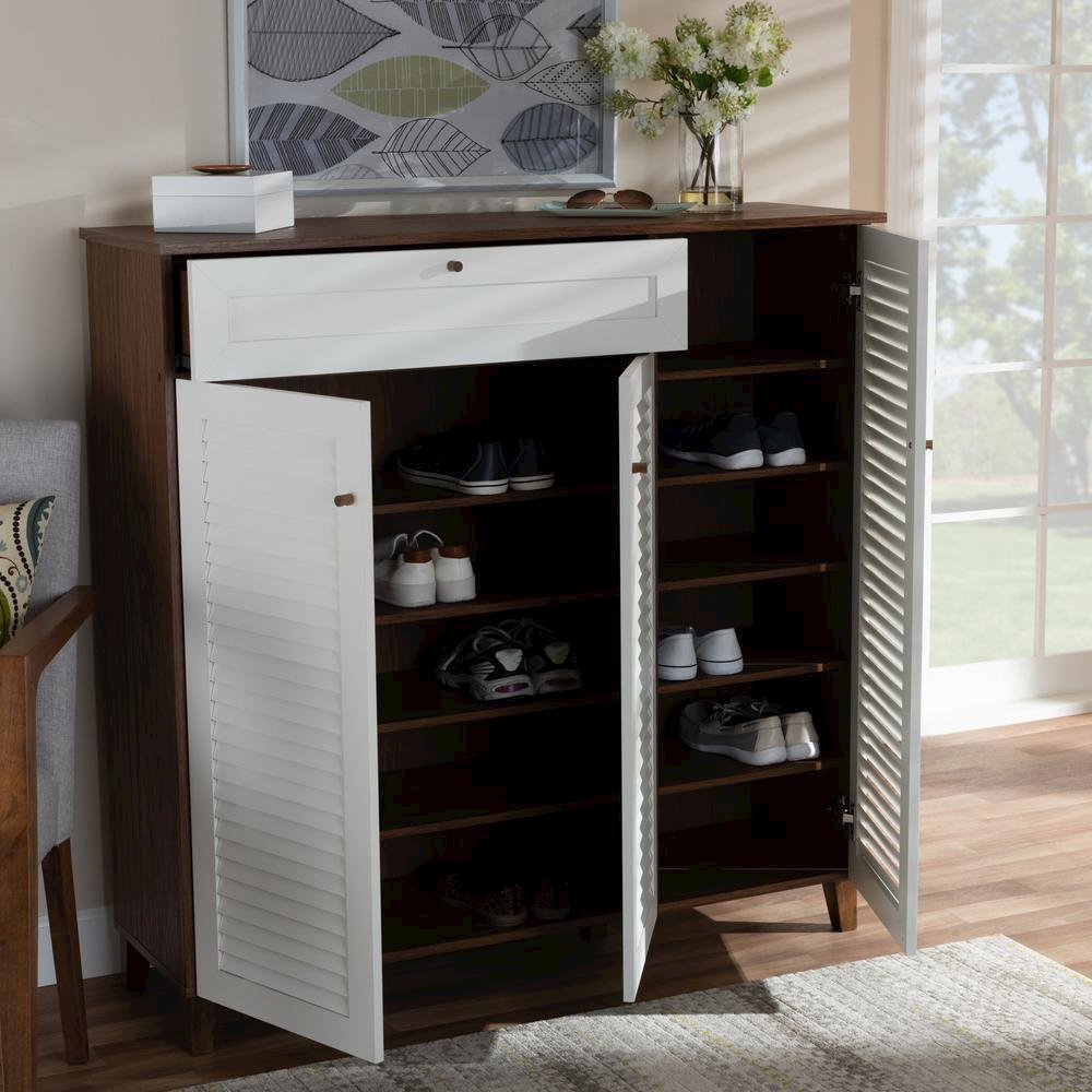 Walnut Finished 11-Shelf Wood Shoe Storage Cabinet with Drawer