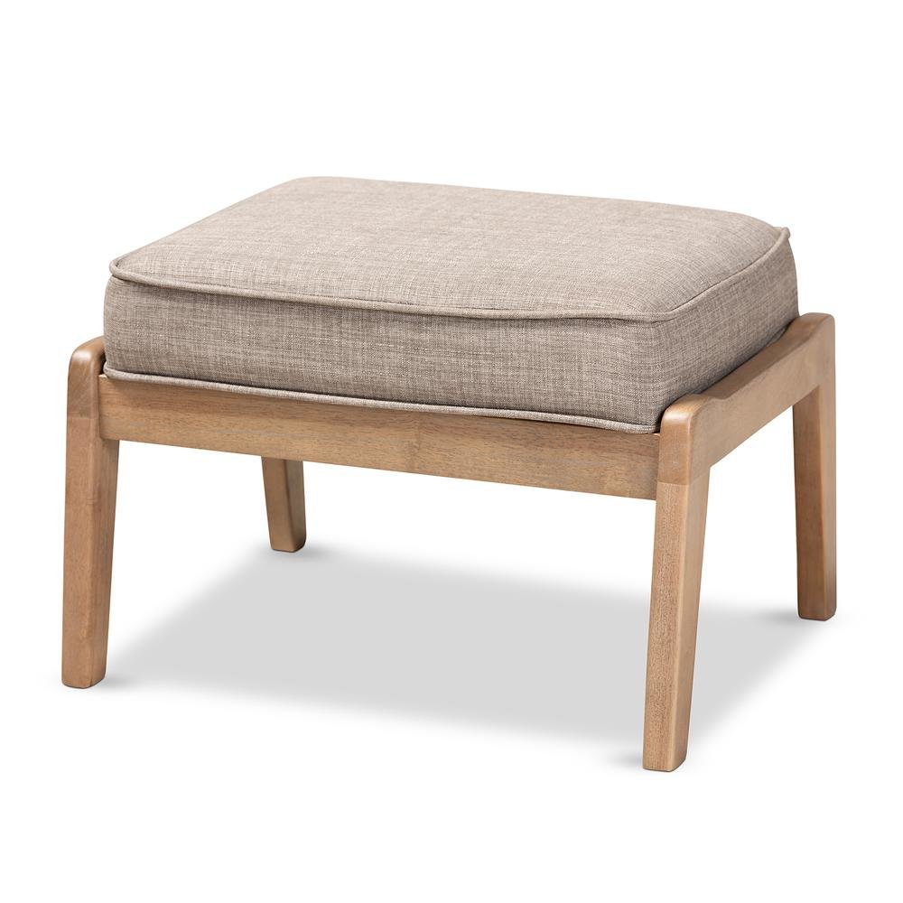 Light Grey Fabric Upholstered Antique Oak Finished Wood Ottoman