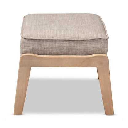 Light Grey Fabric Upholstered Antique Oak Finished Wood Ottoman
