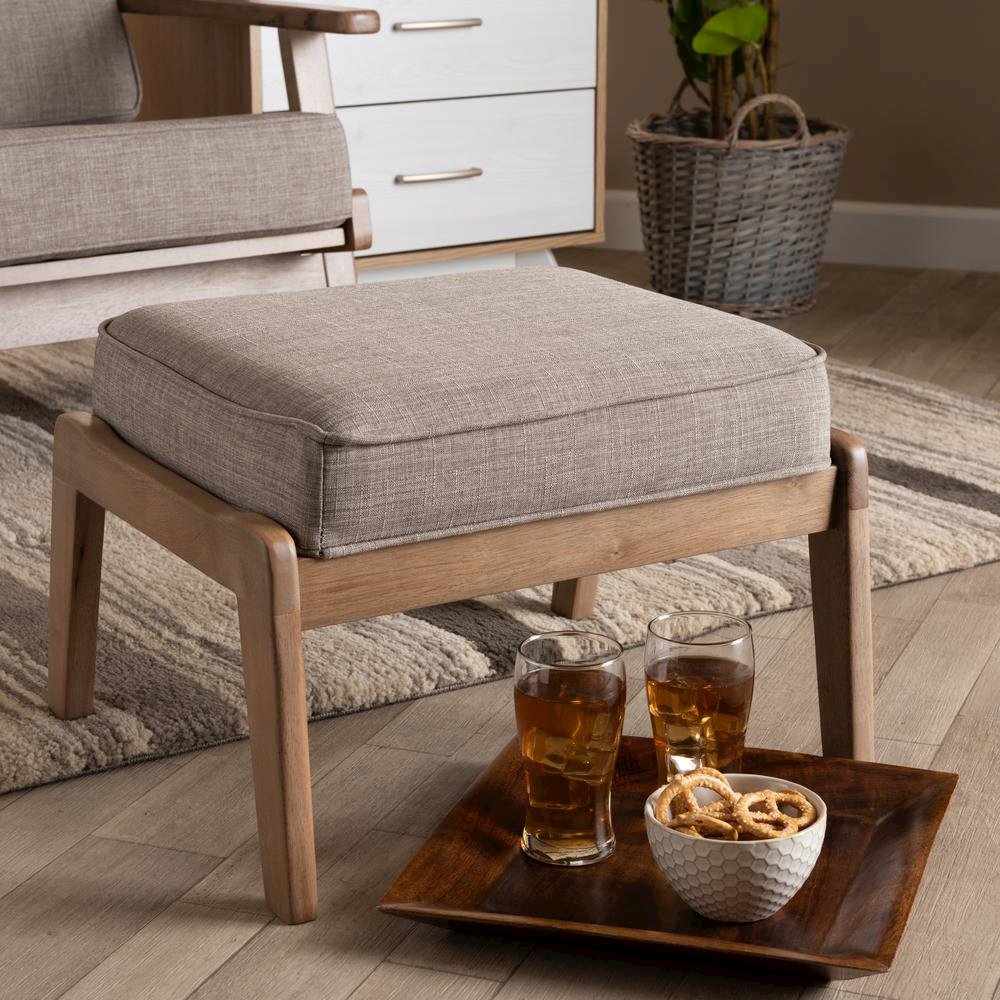 Light Grey Fabric Upholstered Antique Oak Finished Wood Ottoman