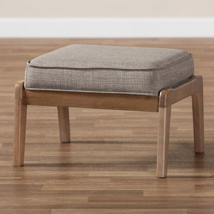 Light Grey Fabric Upholstered Antique Oak Finished Wood Ottoman