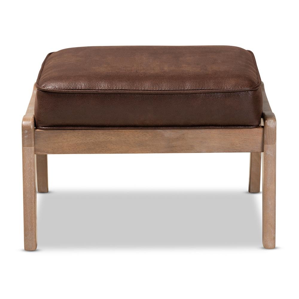Leather Effect Fabric Upholstered Antique Oak Finished Wood Ottoman