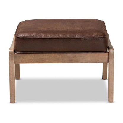 Leather Effect Fabric Upholstered Antique Oak Finished Wood Ottoman