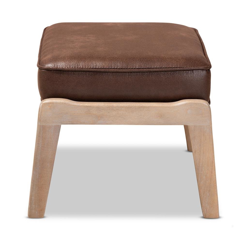 Leather Effect Fabric Upholstered Antique Oak Finished Wood Ottoman