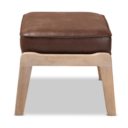 Leather Effect Fabric Upholstered Antique Oak Finished Wood Ottoman