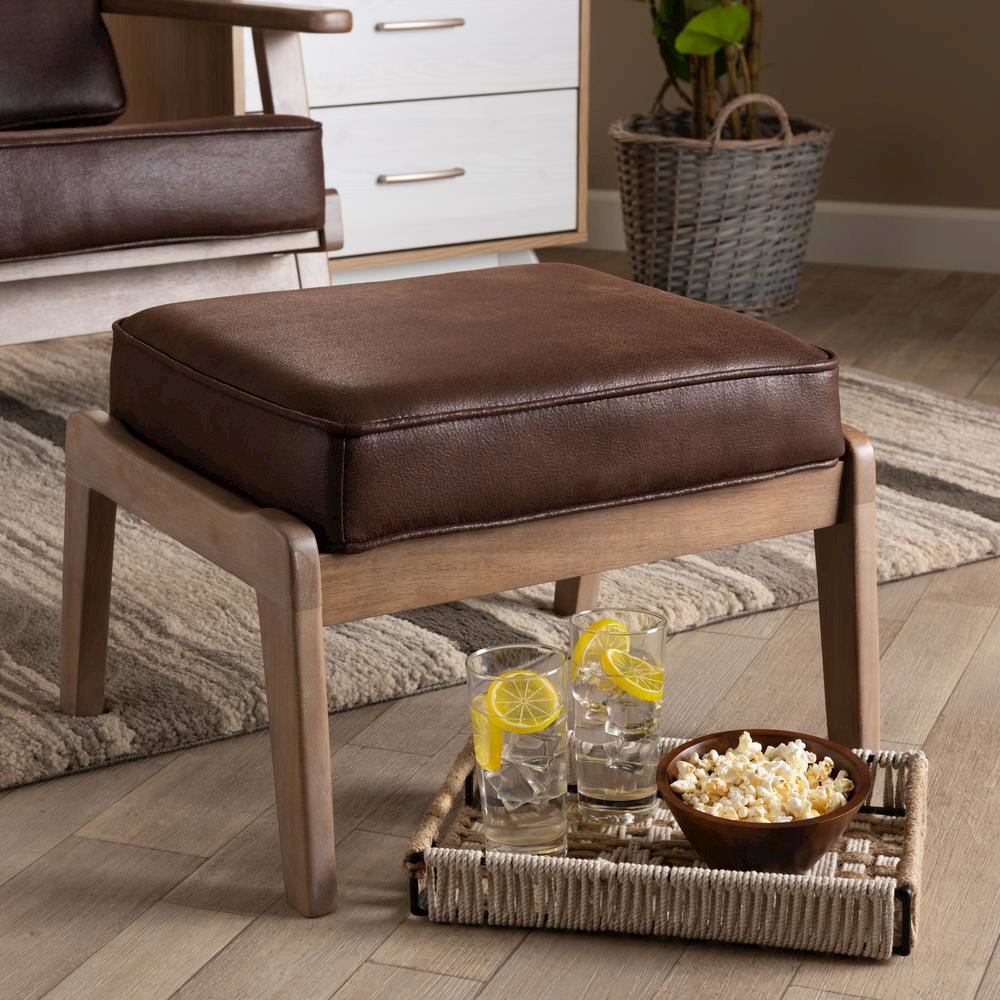 Leather Effect Fabric Upholstered Antique Oak Finished Wood Ottoman