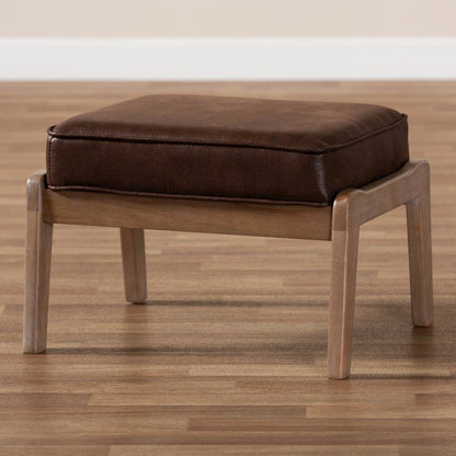 Leather Effect Fabric Upholstered Antique Oak Finished Wood Ottoman