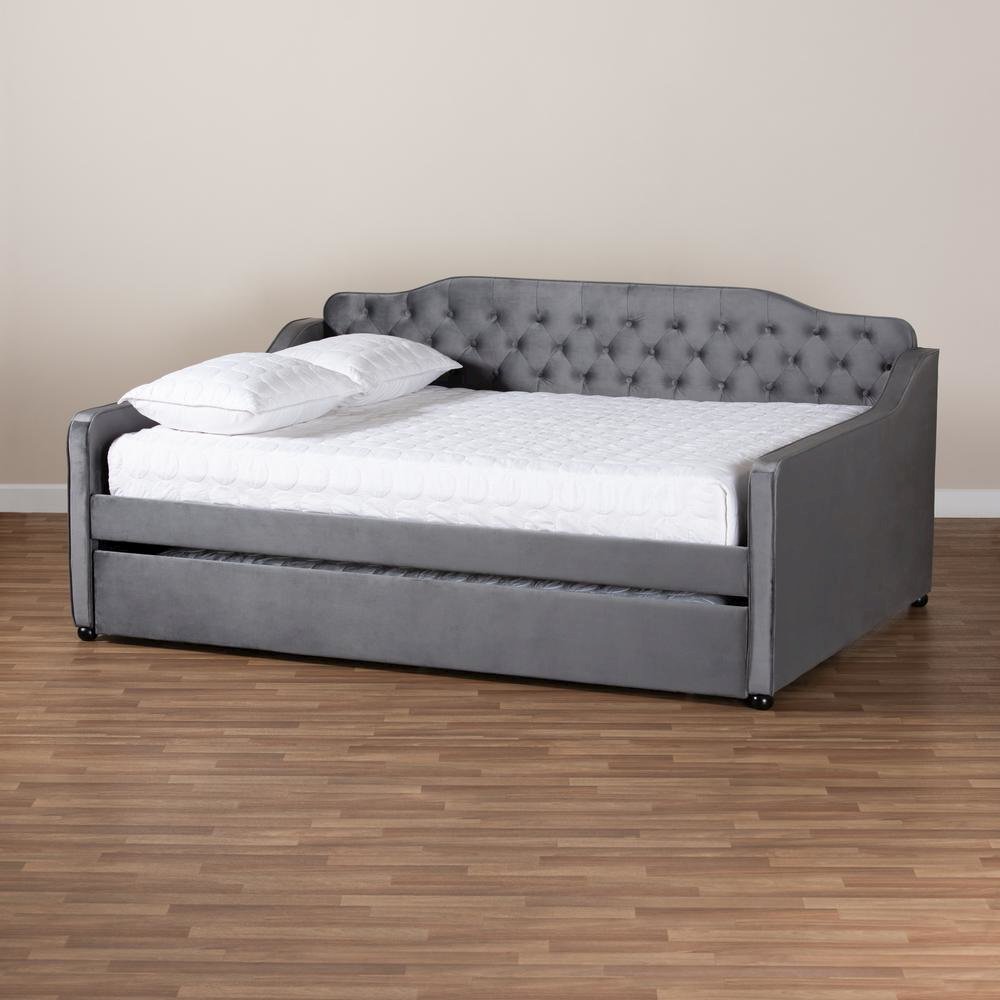 Grey Velvet Fabric Upholstered and Button Tufted Full Size Daybed with Trundle