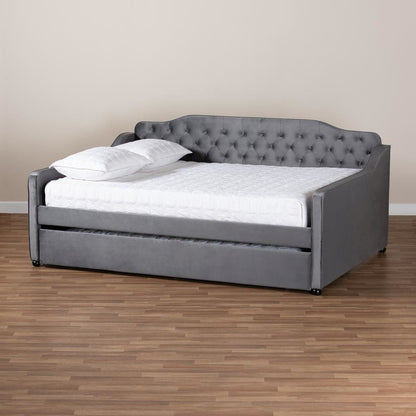 Grey Velvet Fabric Upholstered and Button Tufted Full Size Daybed with Trundle