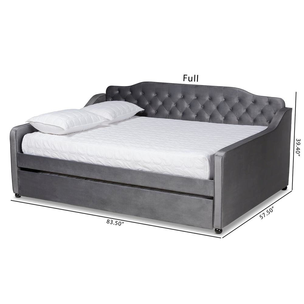 Grey Velvet Fabric Upholstered and Button Tufted Full Size Daybed with Trundle