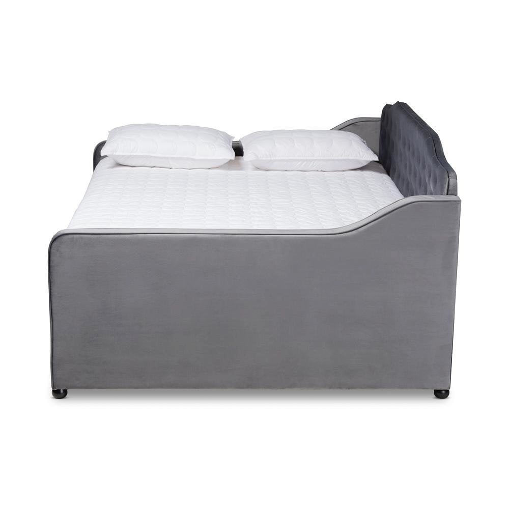Grey Velvet Fabric Upholstered and Button Tufted Full Size Daybed with Trundle