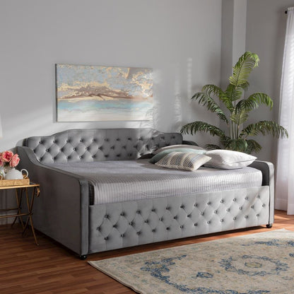 Grey Velvet Fabric Upholstered and Button Tufted Full Size Daybed