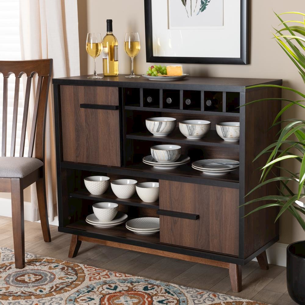 Two-Tone Walnut Brown and Black Finished Wood Wine Storage Cabinet