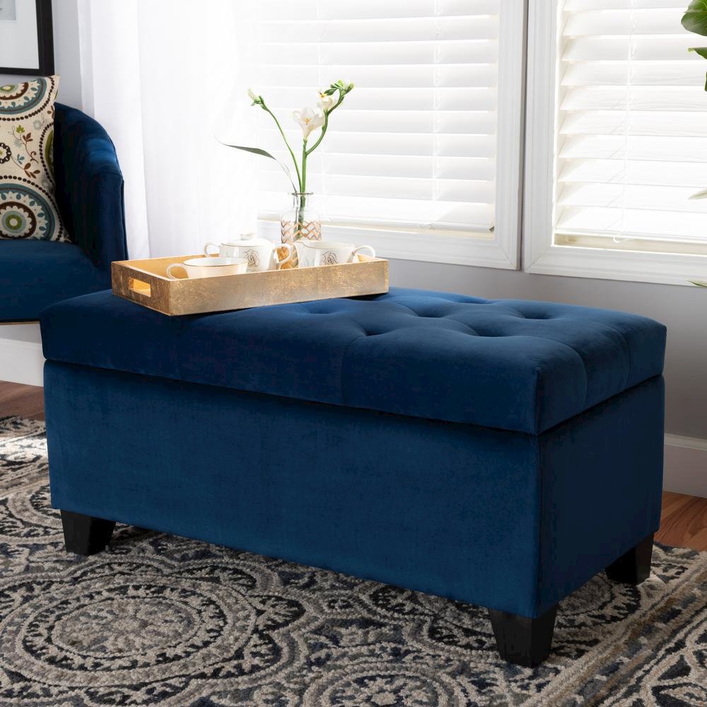 Navy Blue Velvet Fabric Upholstered Storage Ottoman