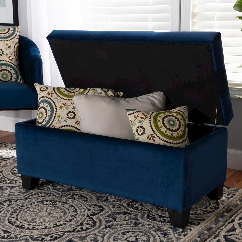 Navy Blue Velvet Fabric Upholstered Storage Ottoman