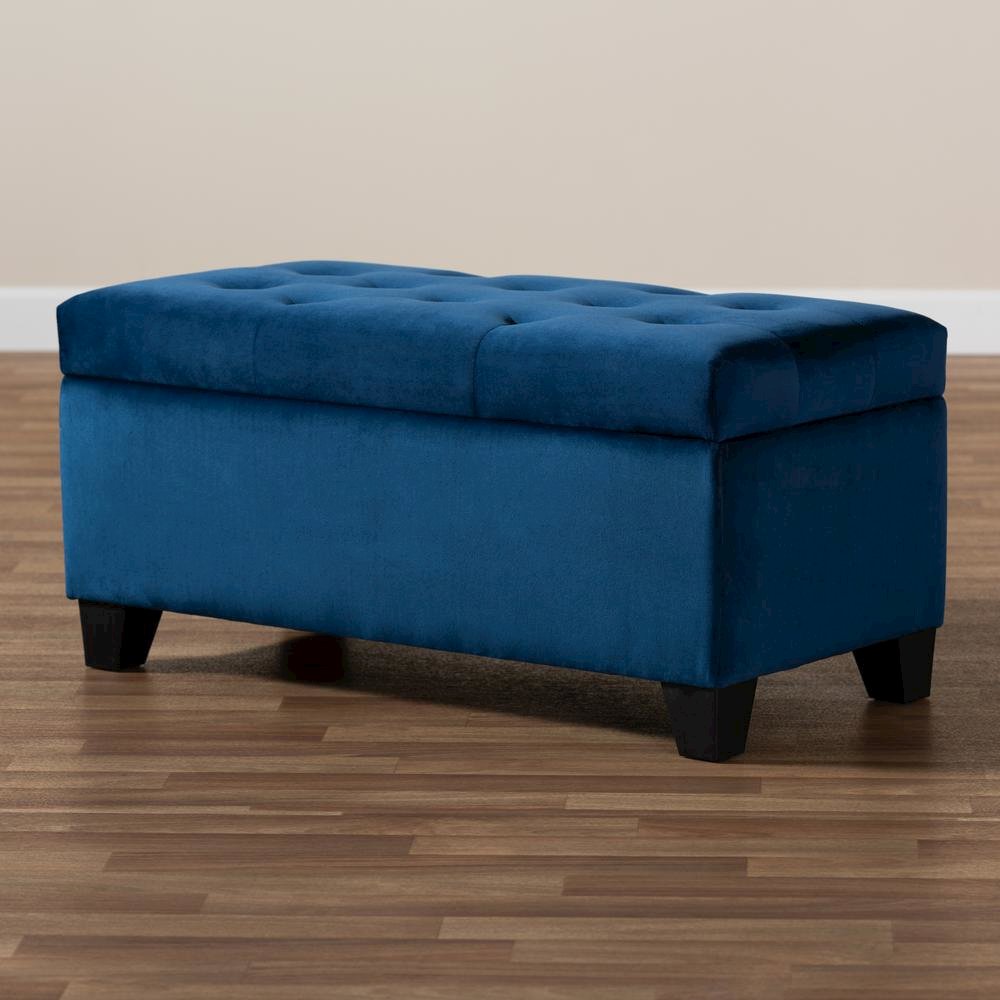 Navy Blue Velvet Fabric Upholstered Storage Ottoman