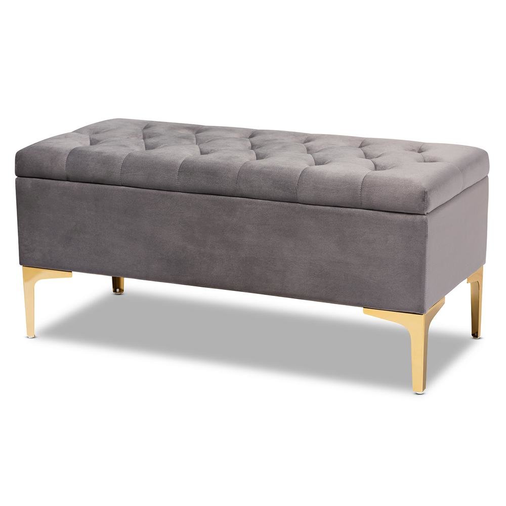 Luxe Grey Velvet Fabric Upholstered Gold Finished Button Tufted Storage Ottoman