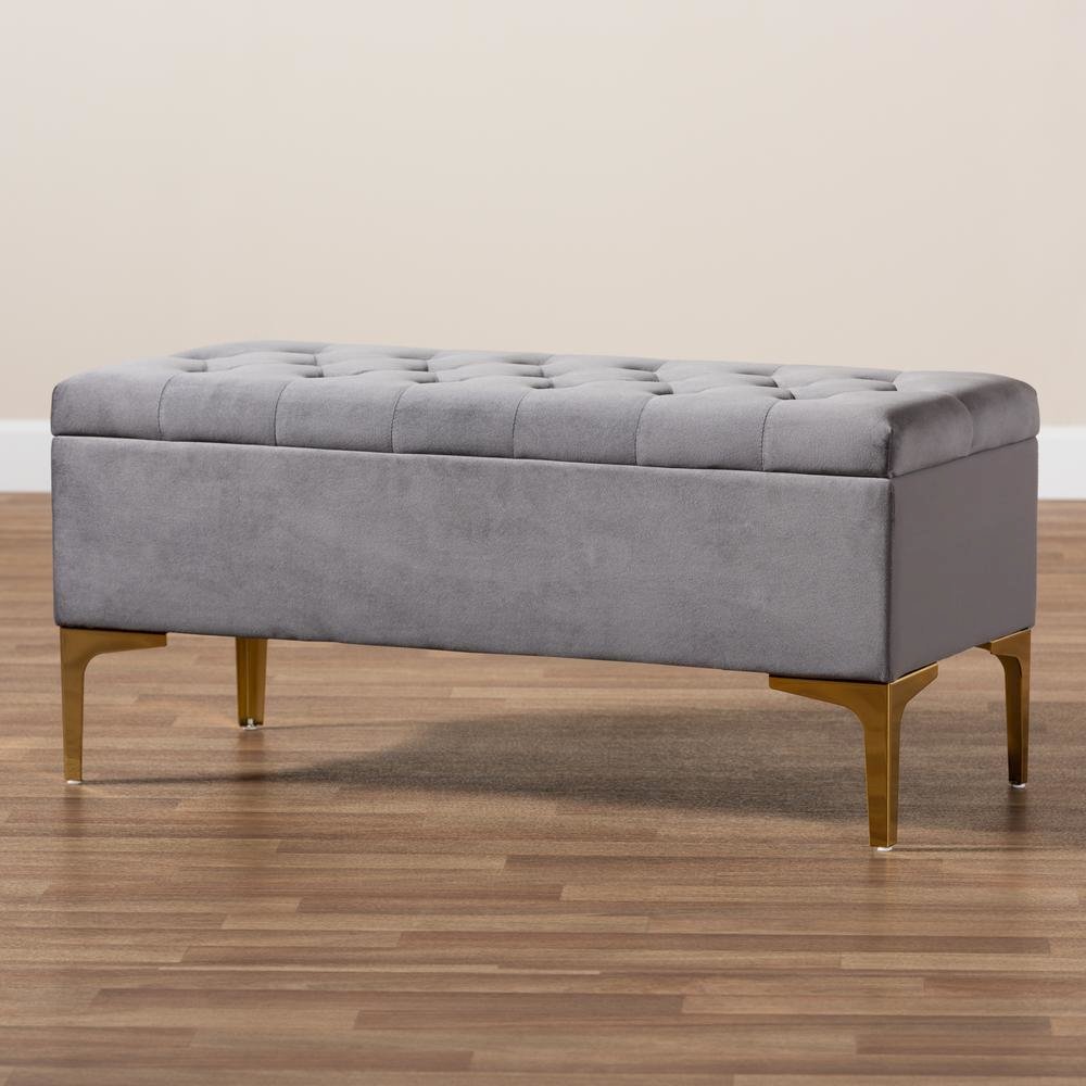 Luxe Grey Velvet Fabric Upholstered Gold Finished Button Tufted Storage Ottoman