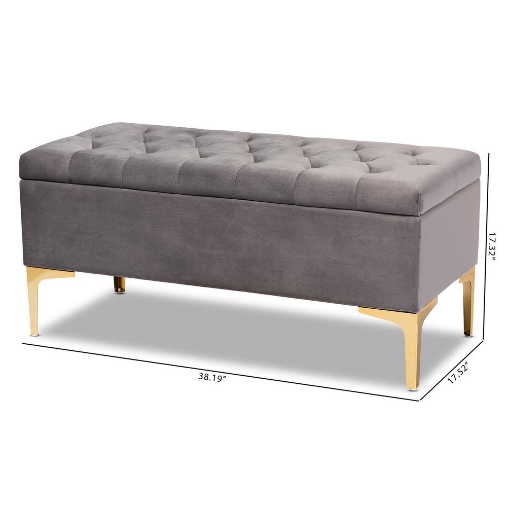 Luxe Grey Velvet Fabric Upholstered Gold Finished Button Tufted Storage Ottoman