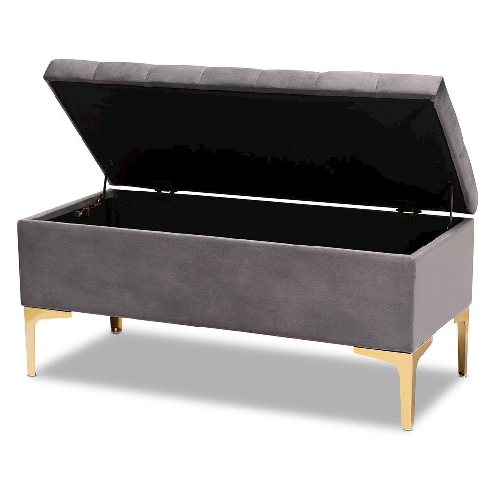 Luxe Grey Velvet Fabric Upholstered Gold Finished Button Tufted Storage Ottoman
