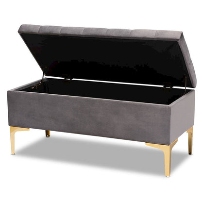Luxe Grey Velvet Fabric Upholstered Gold Finished Button Tufted Storage Ottoman