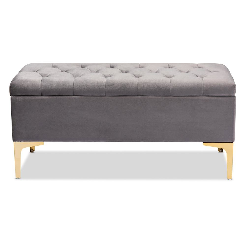 Luxe Grey Velvet Fabric Upholstered Gold Finished Button Tufted Storage Ottoman